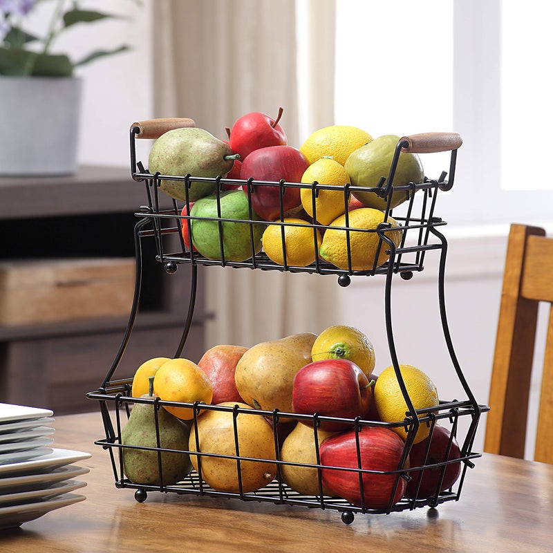 SunnyPoint 2-Tier Rectangle Countertop Fruit, Bread Wire Basket (Black, Metal) - Image 2